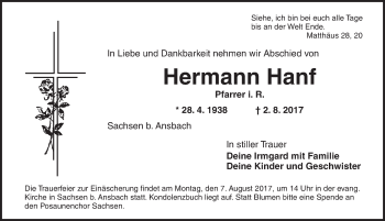 Traueranzeige von Hermann Hanf von Ansbach