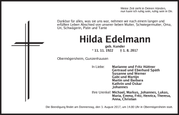 Traueranzeige von Hilda Edelmann von Dinkelsbühl/ Feuchtwangen