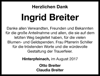 Traueranzeige von Ingrid Breiter von Neustadt/ Scheinfeld/ Uffenheim