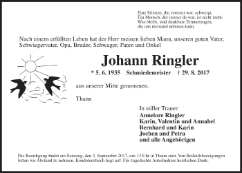 Traueranzeige von Johann Ringler von Ansbach