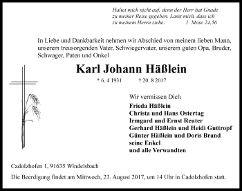 Traueranzeige von Karl Johann Häßlein von Rothenburg