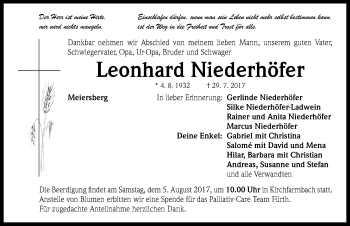 Traueranzeige von Leonhard Niederhöfer von Neustadt/ Scheinfeld/ Uffenheim