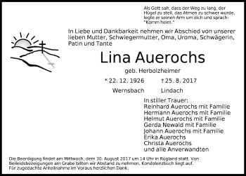 Traueranzeige von Lina Auerochs von Ansbach