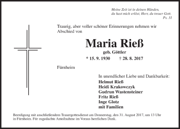 Traueranzeige von Maria Rieß von Dinkelsbühl/ Feuchtwangen