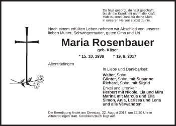 Traueranzeige von Maria Rosenbauer von Dinkelsbühl/ Feuchtwangen