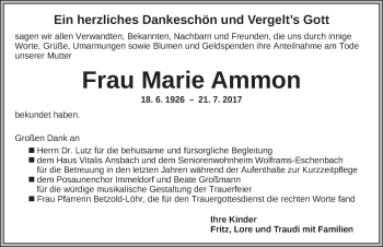 Traueranzeige von Marie Ammon von Dinkelsbühl/ Feuchtwangen