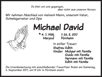 Traueranzeige von Michael David von Dinkelsbühl/ Feuchtwangen