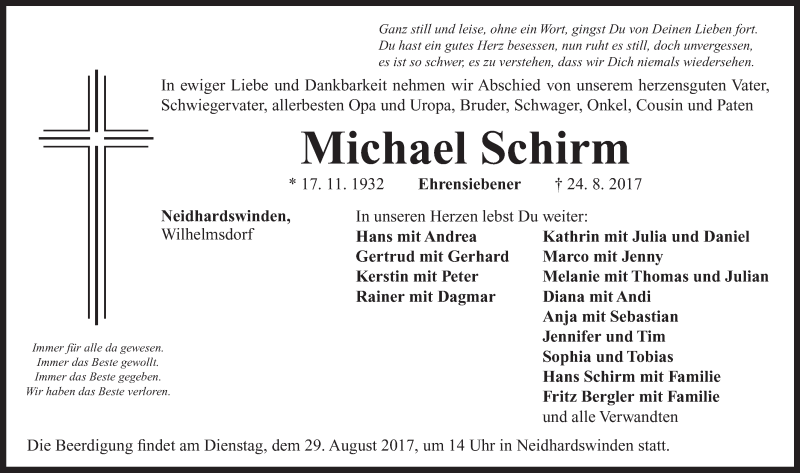  Traueranzeige für Michael + Luise  Schirm vom 28.08.2017 aus Neustadt/ Scheinfeld/ Uffenheim