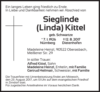 Traueranzeige von Sieglinde Kittel von Ansbach