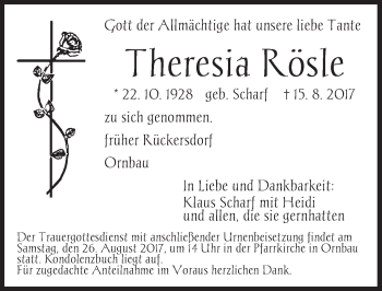 Traueranzeige von Theresia Rösle von Ansbach