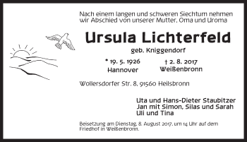 Traueranzeige von Ursula Lichterfeld von Ansbach