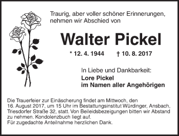 Traueranzeige von Walter Pickel von Ansbach