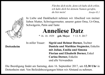 Traueranzeige von Anneliese Datz von Neustadt/ Scheinfeld/ Uffenheim