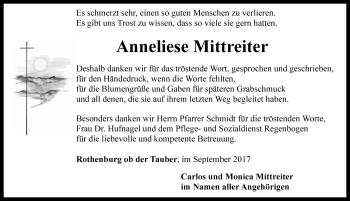 Traueranzeige von Anneliese Mittreiter von Fränkische Landeszeitung