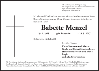 Traueranzeige von Babette Menzel von Ansbach