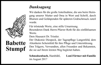 Traueranzeige von Babette Stumpf von Neustadt/ Scheinfeld/ Uffenheim