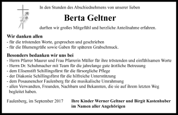 Traueranzeige von Berta Geltner von Rothenburg