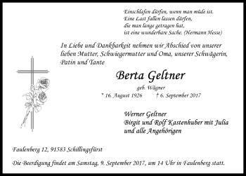 Traueranzeige von Berta Geltner von Rothenburg