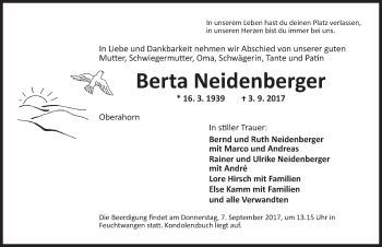 Traueranzeige von Berta Neidenberger von Dinkelsbühl/ Feuchtwangen