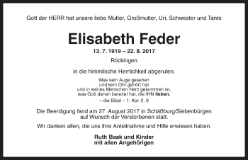 Traueranzeige von Elisabeth Feder von Dinkelsbühl/ Feuchtwangen