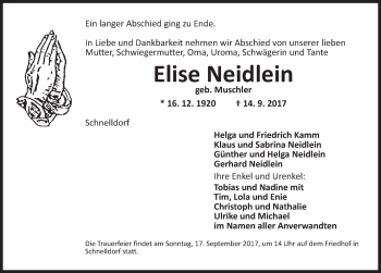 Traueranzeige von Elise Neidlein von Dinkelsbühl/ Feuchtwangen