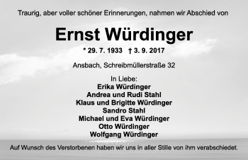 Traueranzeige von Ernst Würdinger von Ansbach