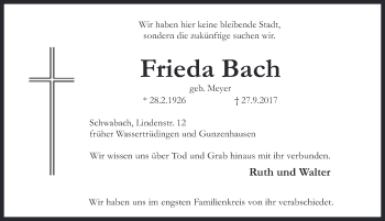 Traueranzeige von Frieda Bach von Dinkelsbühl/ Feuchtwangen