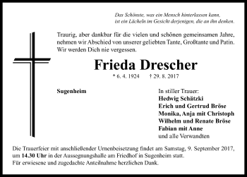 Traueranzeige von Frieda Drescher von Neustadt/ Scheinfeld/ Uffenheim