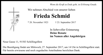 Traueranzeige von Frieda Schmid von Rothenburg