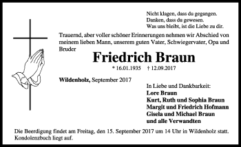 Traueranzeige von Friedrich Braun von Dinkelsbühl/ Feuchtwangen