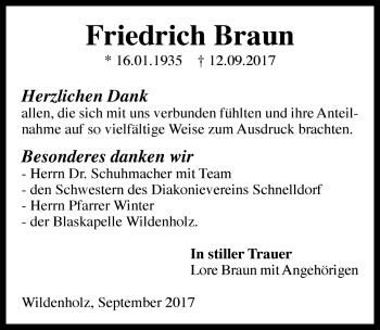 Traueranzeige von Friedrich Braun von Rothenburg