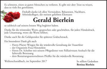 Traueranzeige von Gerald Bierlein von Ansbach