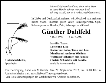 Traueranzeige von Günther Dahlfeld von Neustadt/ Scheinfeld/ Uffenheim