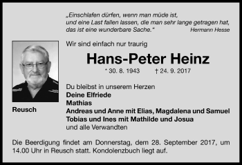 Traueranzeige von Hans-Peter Heinz von Neustadt/ Scheinfeld/ Uffenheim