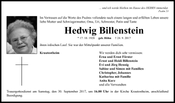 Traueranzeige von Hedwig Billenstein von Neustadt/ Scheinfeld/ Uffenheim