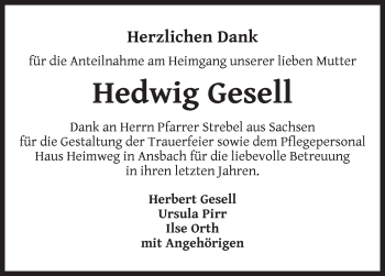 Traueranzeige von Hedwig Gesell von Ansbach