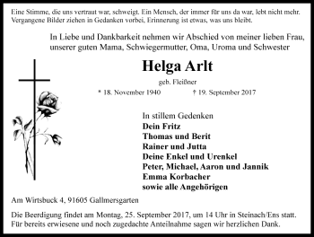 Traueranzeige von Helga Arlt von Rothenburg