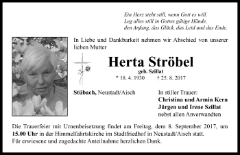 Traueranzeige von Herta Ströbel von Neustadt/ Scheinfeld/ Uffenheim