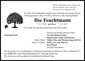 Traueranzeige von Ilse Feuchtmann von Neustadt/ Scheinfeld/ Uffenheim