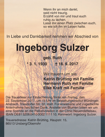 Traueranzeige von Ingeborg Sulzer von Ansbach