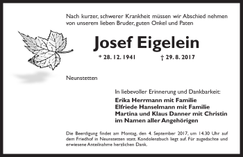 Traueranzeige von Josef Eigelein von Ansbach