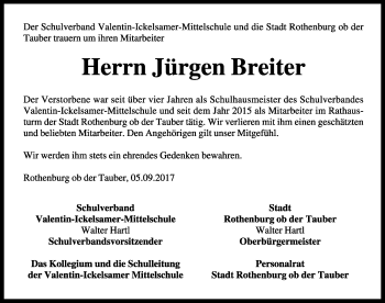 Traueranzeige von Jürgen Breiter von Rothenburg