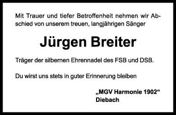 Traueranzeige von Jürgen Breiter von Rothenburg