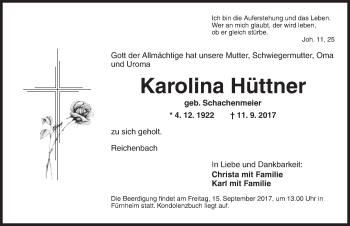 Traueranzeige von Karolina Hüttner von Dinkelsbühl/ Feuchtwangen