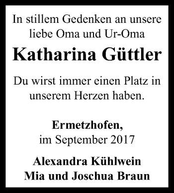 Traueranzeige von Katharina Güttler von Neustadt/ Scheinfeld/ Uffenheim