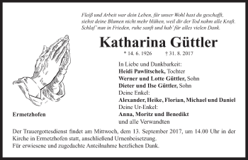 Traueranzeige von Katharina Güttler von Neustadt/ Scheinfeld/ Uffenheim