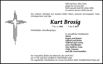 Traueranzeige von Kurt Brosig von Dinkelsbühl/ Feuchtwangen