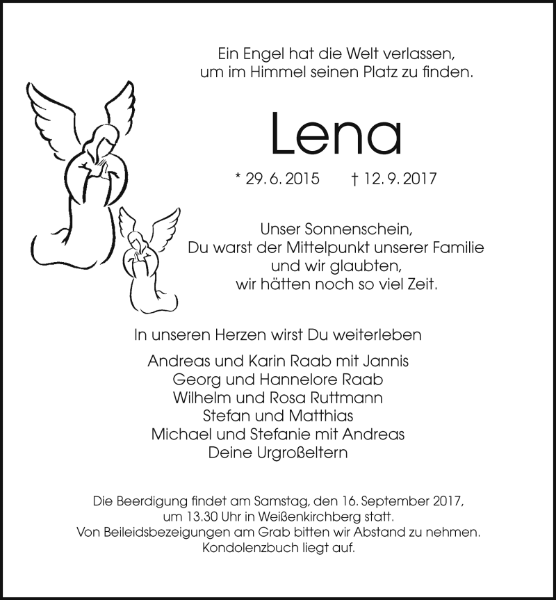  Traueranzeige für Lena Raab vom 15.09.2017 aus Rothenburg