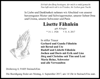 Traueranzeige von Lisette Fähnlein von Rothenburg