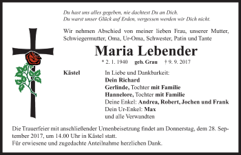 Traueranzeige von Maria Lebender von Neustadt/ Scheinfeld/ Uffenheim